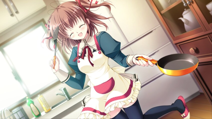 1girl, apron, brown_hair, closed_eyes, frying_pan, game_cg, highres, holding