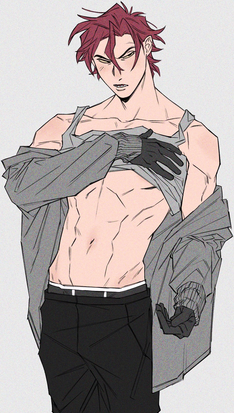 1boy, black_gloves, black_male_underwear, black_pants, cardigan, chicken_little, clothes_lift, collarbone