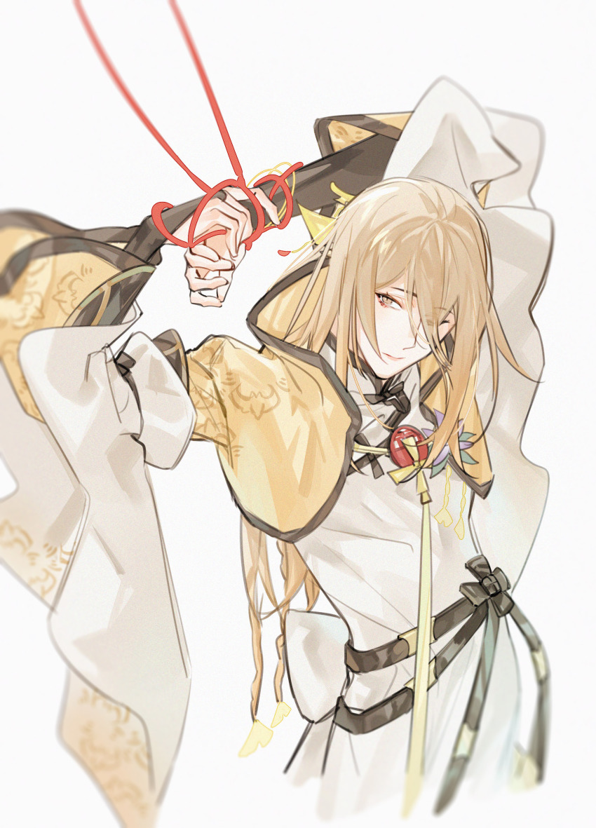 1boy, ;|, absurdres, arms_behind_head, azha8, black_bridal_gauntlets, black_sash, bound