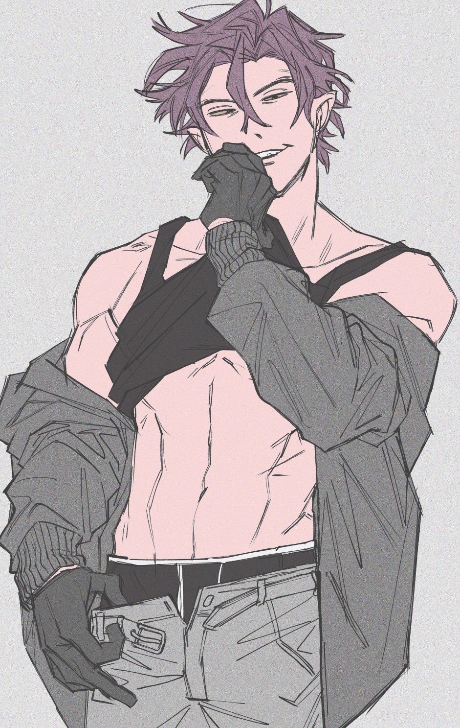 1boy, black_male_underwear, black_tank_top, cardigan, chicken_little, clothes_lift, foxy_loxy, grey_cardigan, grey_pants, grin, hair_between_eyes, highres, humanization, looking_at_viewer, male_focus, male_underwear, male_underwear_peek, narrowed_eyes, navel, open_cardigan, open_clothes, pants, pointy_ears, purple_hair, shirt_lift, smile, tank_top, underwear, uochandayo