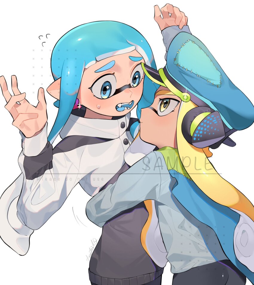 2girls, agent_3_(splatoon), arms_up, blonde_hair, blue_eyes, blue_hair, blush, captain_3_(splatoon)