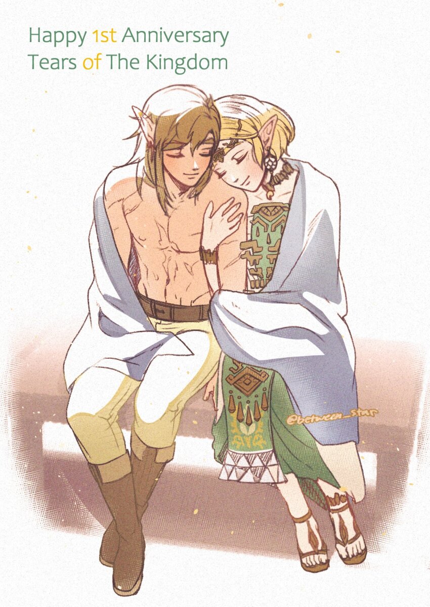 1boy, 1girl, ancient_set_(zelda), belt, blanket, blonde_hair, boots, bracelet