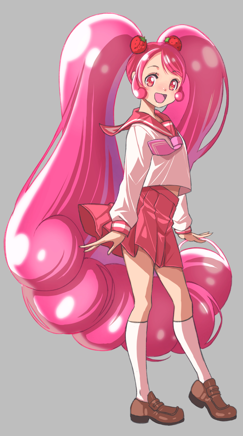 1girl, :d, big_hair, brown_shoes, commentary_request, cosplay, cure_whip, eyelashes