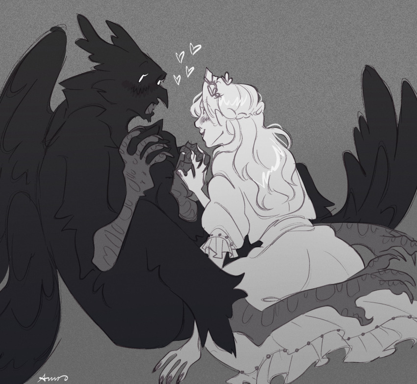 1boy, 1girl, blush, braid, circusmantis, commentary, dress, english_commentary, eye_contact, greyscale, heart, highres, holding_hands, long_hair, looking_at_another, monochrome, monster_boy, open_mouth, princess_(slay_the_princess), short_sleeves, sitting, slay_the_princess, the_hero_(slay_the_princess), tiara, wings