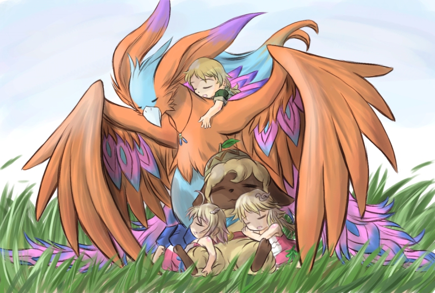 3girls, beak, bird, family, family_bonding, feathers, grass, hat, jewelry, lala_(rune_factory), leaf, mice_(rune_factory), multiple_girls, pendant, phoenix, rune_factory, rune_factory_3, sleeping, spoilers, tail, toona, wings