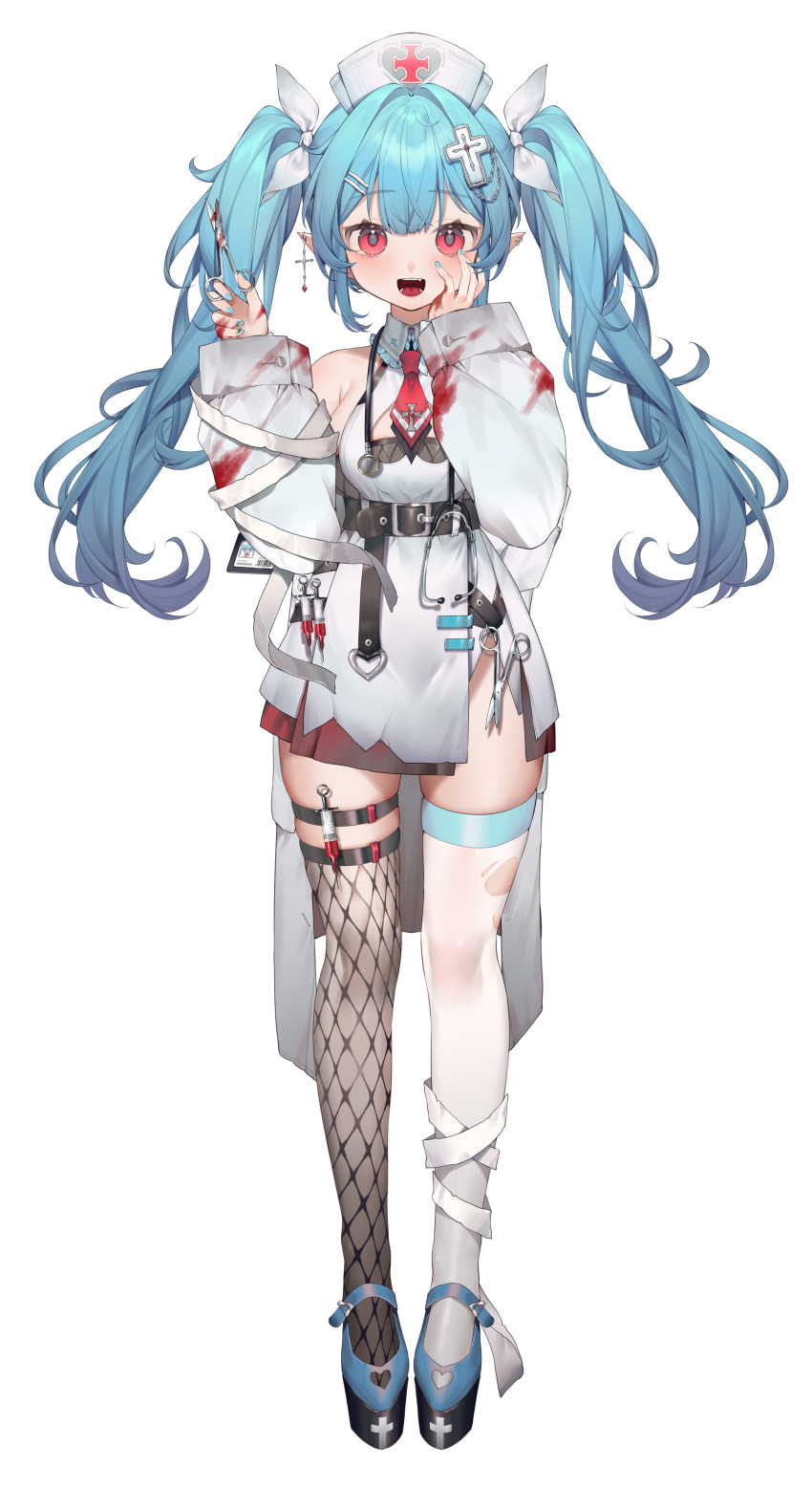 1girl, :d, absurdres, asymmetrical_legwear, bandaged_leg, bandages, bare_shoulders, belt