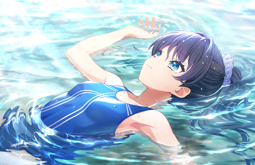 1girl, afloat, armpits, blue_eyes, blue_hair, blue_one-piece_swimsuit, blue_scrunchie, breasts