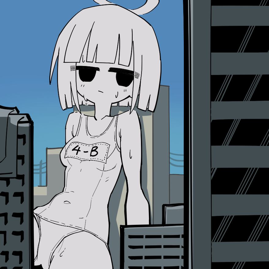 1girl, against_building, alternate_costume, be_be_be_be_(cevio), blue_sky, blunt_bangs, blunt_ends, blush, breasts, building, cevio, city, closed_mouth, collarbone, covered_navel, dedeen, empty_eyes, expressionless, frown, giant, giantess, greyscale_with_colored_background, half-closed_eyes, halo, looking_at_viewer, medium_breasts, outdoors, school_swimsuit, short_hair, sitting, sky, skyscraper, solo, spread_legs, sweat, swimsuit