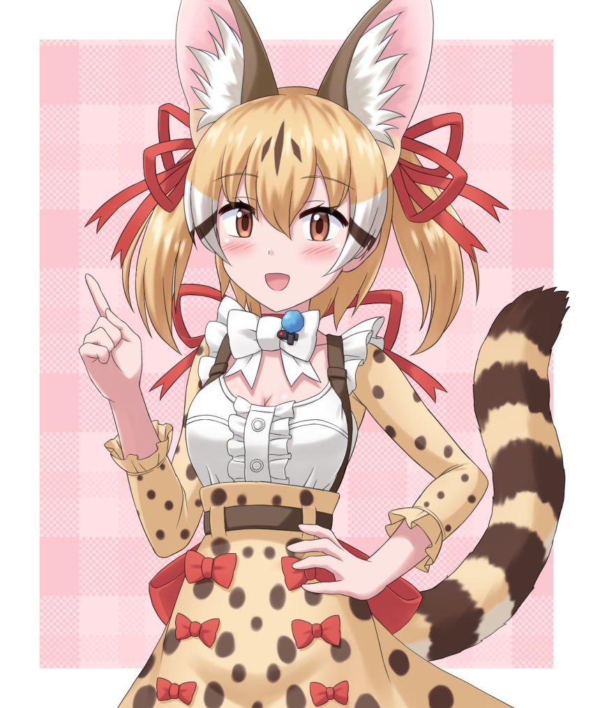 1girl, animal_ears, belt, bow, bowtie, brown_eyes, brown_hair, cat_ears, cat_girl, cat_tail, extra_ears, highres, kemono_friends, kemono_friends_v_project, large-spotted_genet_(kemono_friends), long_hair, looking_at_viewer, microphone, pink_background, ribbon, shirt, simple_background, skirt, solo, suspenders, tail, touki_ag, virtual_youtuber