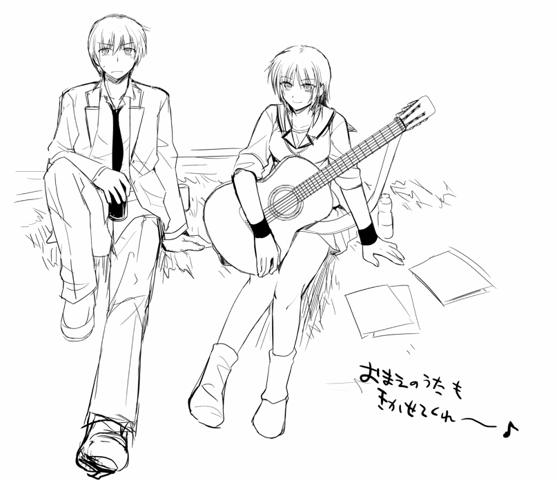 10s, 1boy, 1girl, angel_beats!, bottle, greyscale, guitar, instrument