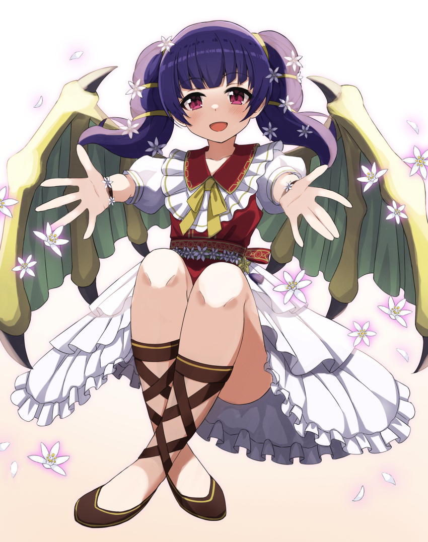 1girl, :d, blunt_bangs, blush, commission, crossed_legs, dragon_girl, dragon_wings