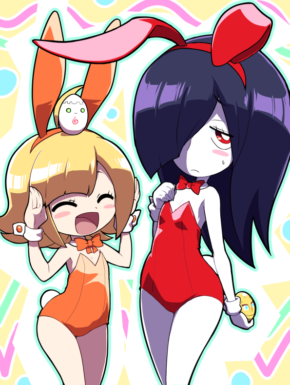 2girls, ^_^, ahoge, ameonna_(youkai_watch), animal_ears, blonde_hair, blush_stickers, bow, bowtie, closed_eyes, egg, fake_animal_ears, frown, hair_over_one_eye, hareonna, leotard, long_hair, mother_and_child, mother_and_daughter, multiple_girls, nollety, open_mouth, orange_leotard, parent_and_child, playboy_bunny, purple_hair, rabbit_ears, red_eyes, red_leotard, short_hair, strapless, strapless_leotard, wrist_cuffs, youkai_(youkai_watch), youkai_watch, youkai_watch_4