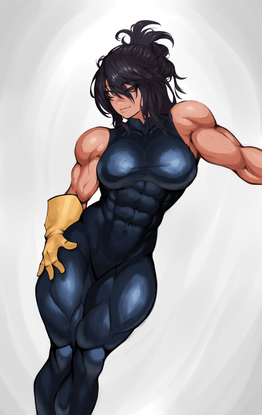 abs, absurdres, bodysuit, boku_no_hero_academia, breasts, brown_eyes, gloves, hair_between_eyes