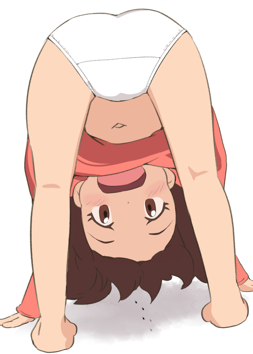 1girl, akatsuki_no_guuru, all_fours, ass, ass_focus, barefoot, bent_over, blush, brown_eyes, brown_hair, female_focus, from_behind, highres, kneepits, legs, loli, looking_at_viewer, looking_back, navel, no_pants, ookami_kodomo_no_ame_to_yuki, open_mouth, panties, red_shirt, shirt, short_hair, smile, solo, thighs, underwear, white_panties, yuki_(ookami_kodomo)