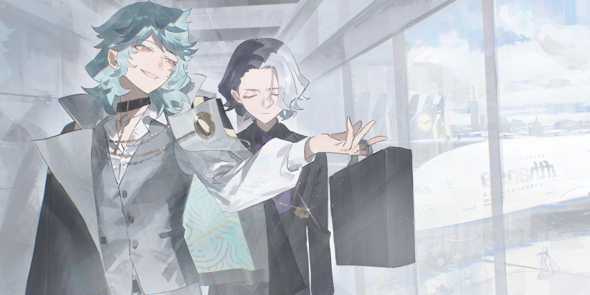 2boys, absurdres, aircraft, airplane, amethio_(pokemon), briefcase, closed_eyes, closed_mouth