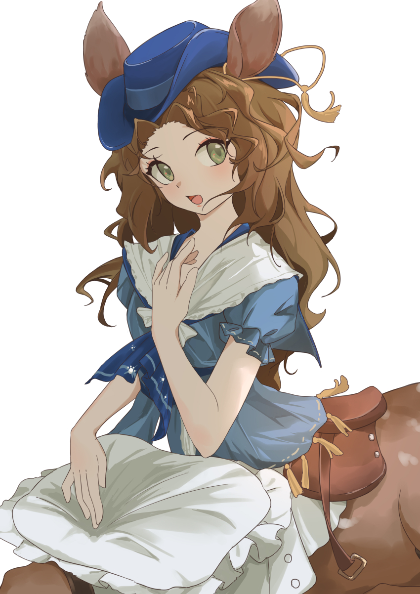 1girl, absurdres, animal_ears, blue_hat, blue_sash, blue_shirt, brown_hair, centauroid