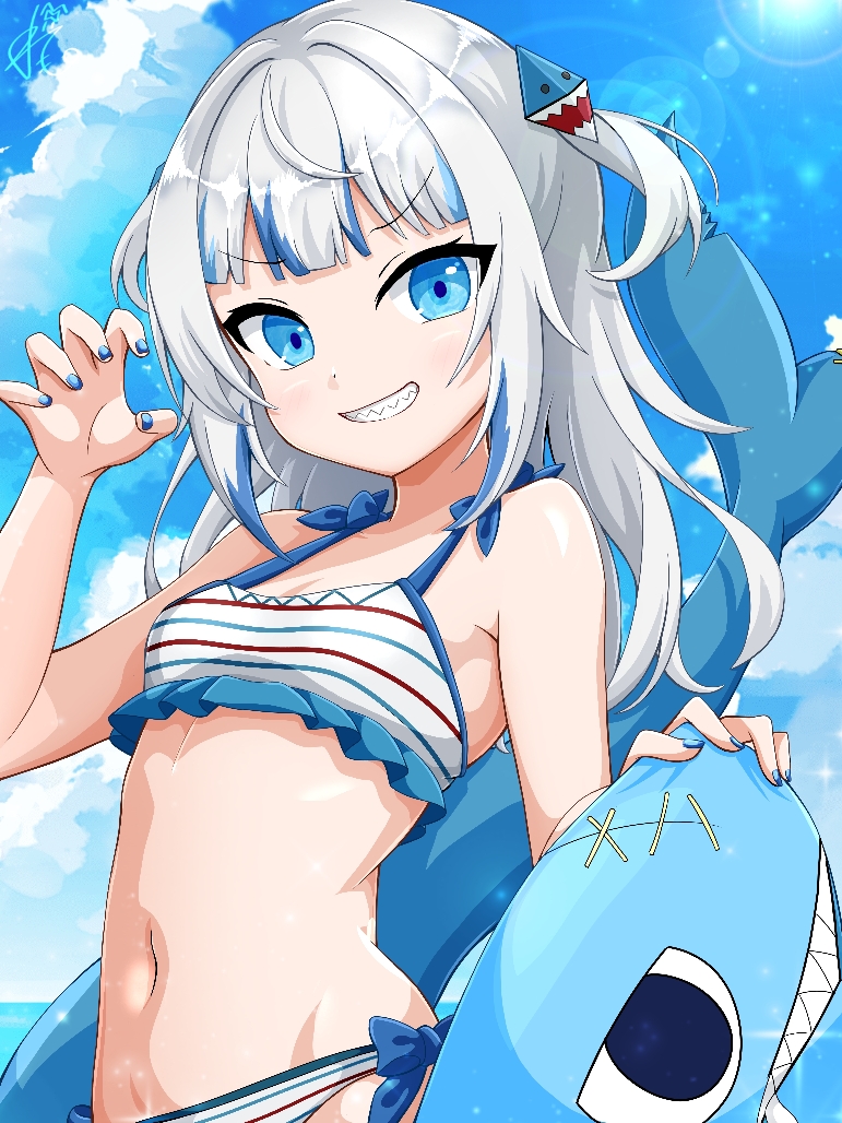 1girl, bikini, blue_eyes, blue_hair, blue_sky, breasts, cloud, frilled_bikini, frills, gawr_gura, grey_hair, grin, hair_ornament, hololive, hololive_english, multicolored_hair, remone, shark_girl, shark_hair_ornament, sky, small_breasts, smile, solo, streaked_hair, striped_bikini, striped_clothes, swimsuit, virtual_youtuber