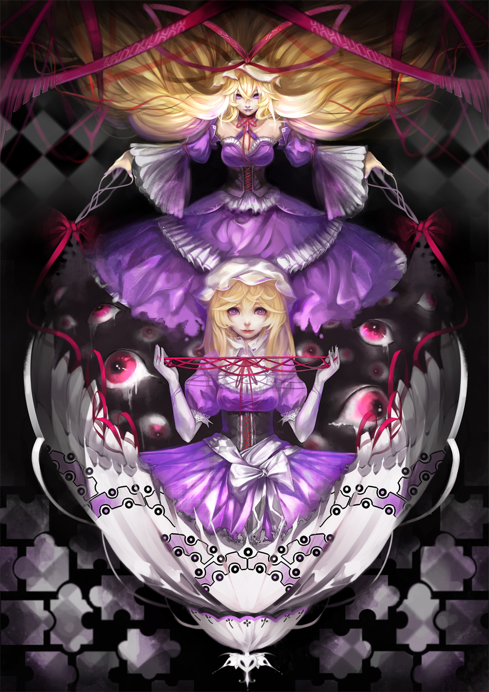 2girls, blonde_hair, dual_persona, elbow_gloves, female_focus, gloves, hat, highres