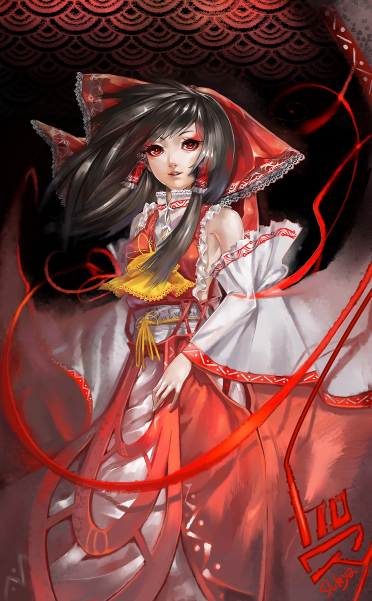 1girl, adapted_costume, ascot, bare_shoulders, black_hair, bow, detached_sleeves, embellished_costume