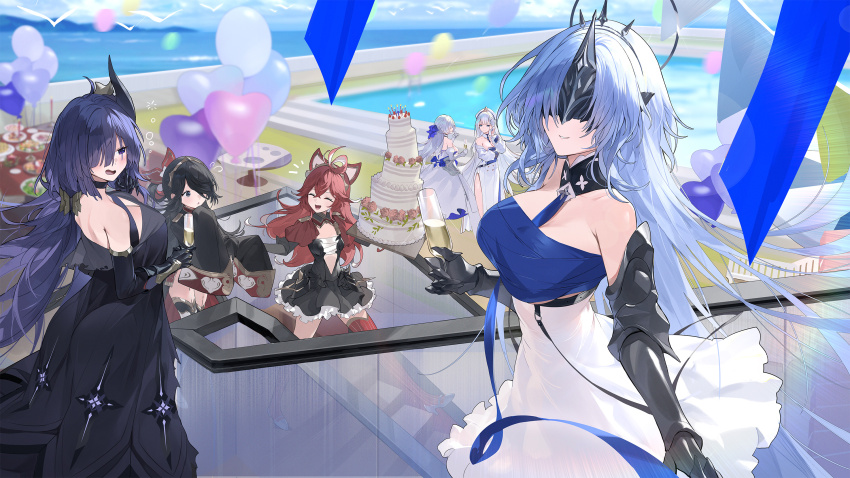 6+girls, alsace_(azur_lane), armpit_crease, azur_lane, balloon, bare_shoulders, bird, black_dress, black_gauntlets, black_hair, black_tiara, blue_hair, breasts, brennus_(azur_lane), cake, champagne_flute, cleavage, crossed_bangs, cup, dress, drinking_glass, emden_(azur_lane), emden_(duet_of_guiding_stars)_(azur_lane), epee_(azur_lane), eye_mask, facing_viewer, fleuret_(azur_lane), food, frilled_dress, frills, gauntlets, hair_over_one_eye, heart_balloon, highres, holding, holding_cup, large_breasts, mask, masked, mogador_(azur_lane), multiple_girls, official_art, outdoors, pool, purple_hair, red_hair, red_thighhighs, seagull, short_dress, thighhighs, tiara, white_dress, white_hair