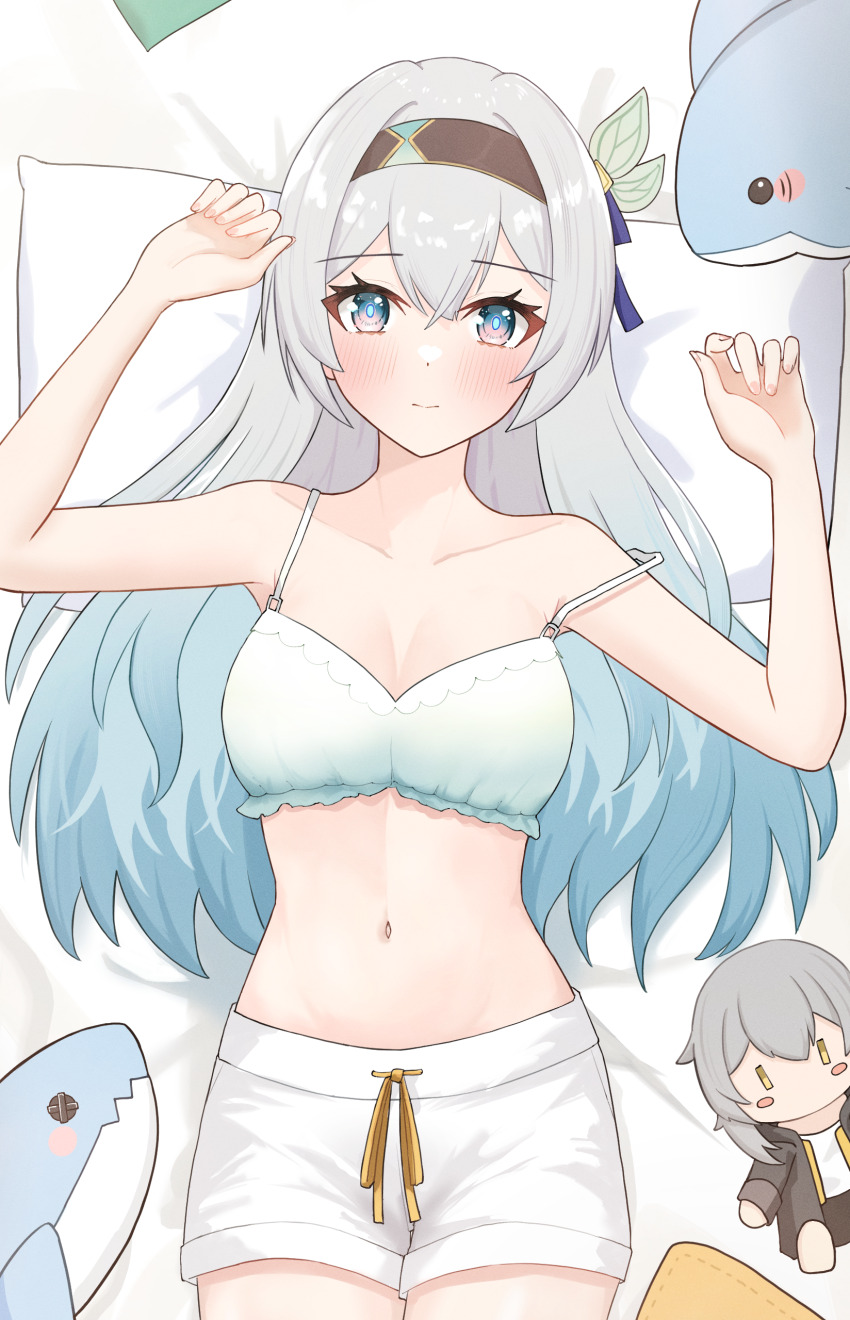 1girl, absurdres, aqua_hair, black_hairband, blush, bra, caelus_(honkai:_star_rail), character_doll