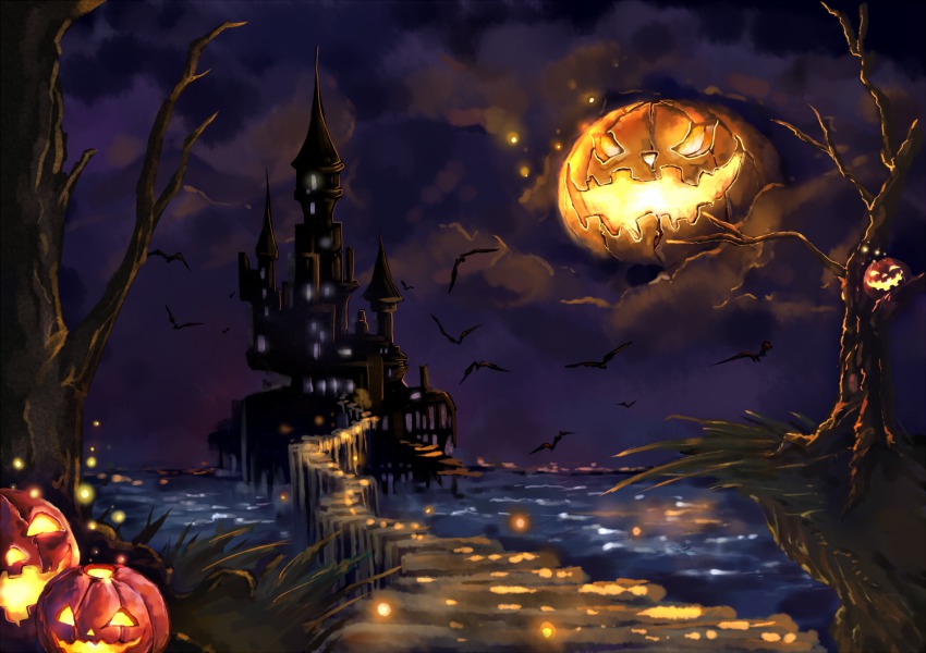 bat_(animal), castle, halloween, jack-o'-lantern, night, no_humans, original, pumpkin