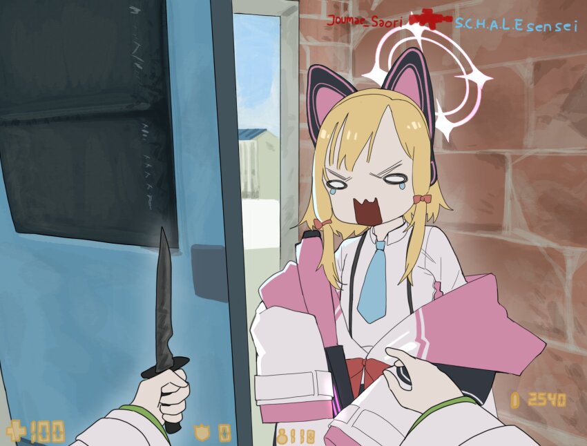 2girls, animal_ear_headphones, animal_ears, blue_archive, blue_necktie, cat_ear_headphones, cat_ears, counter-strike_(series), crying, crying_with_eyes_open, door, door_stuck_(meme), fake_animal_ears, halo, headphones, highres, holding, holding_knife, izaru_31, jacket, knife, low-tied_sidelocks, meme, midori_(blue_archive), momoi_(blue_archive), multiple_girls, necktie, off_shoulder, parody, pov, pov_hands, shirt, sidelocks, stuck, tears, viewer_holding_weapon, white_jacket, white_shirt