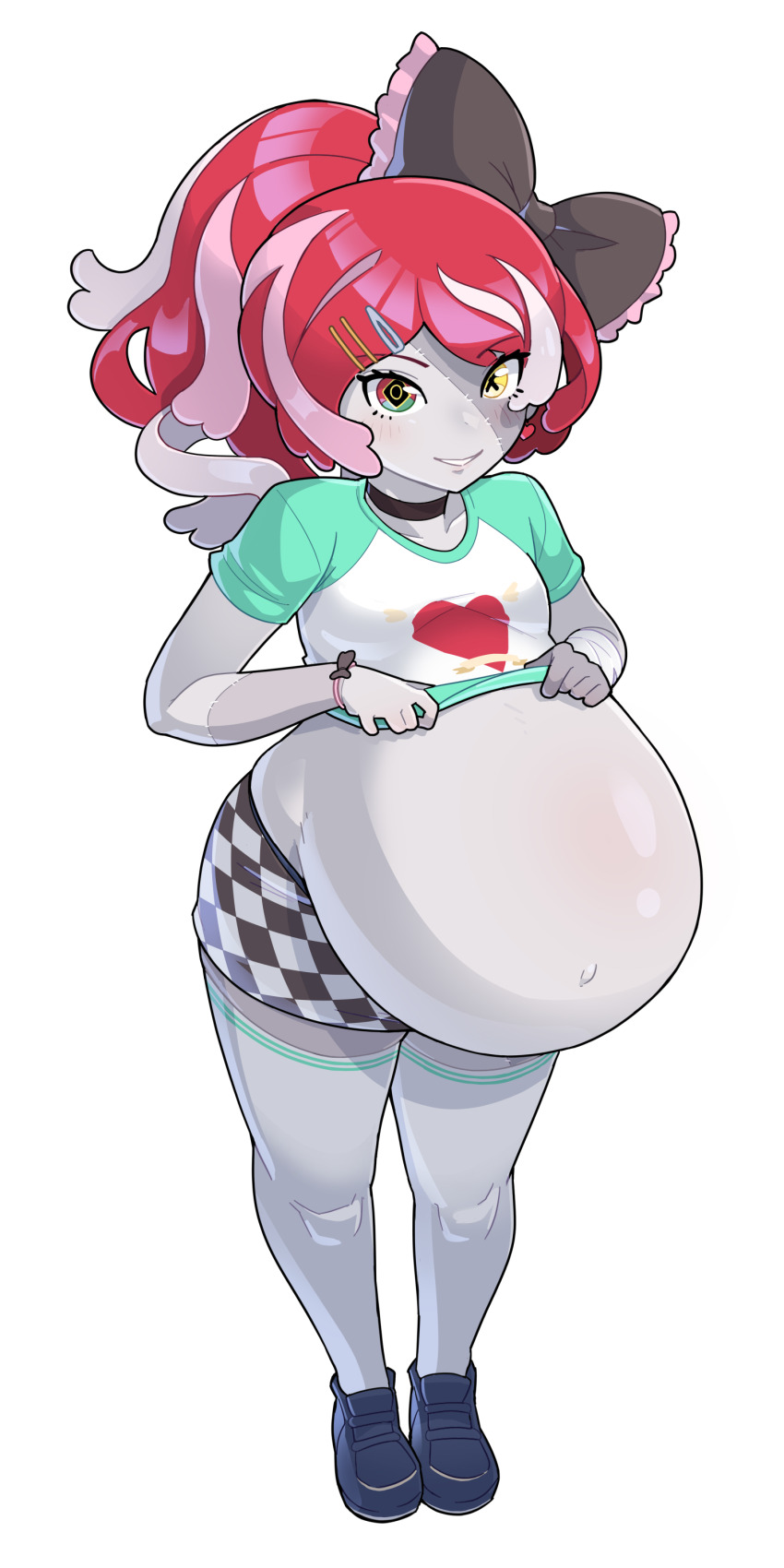 1girl, absurdres, alpha_transparency, bandaged_arm, bandages, big_belly, blue_shoes, blush