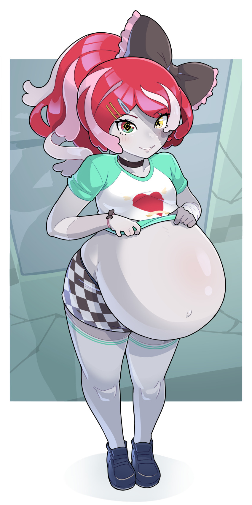 1girl, absurdres, bandaged_arm, bandages, big_belly, blue_shoes, blush, bow, checkered_clothes, checkered_skirt, collarbone, colored_skin, dot_nose, green_background, green_eyes, green_shirt, grey_skin, hair_bow, hair_ornament, hairclip, heart, heterochromia, highres, hololive, hololive_indonesia, kureiji_ollie, lifting_own_clothes, long_hair, looking_at_viewer, morningpanda, multicolored_eyes, multicolored_hair, navel, outie_navel, parted_lips, patchwork_skin, pink_hair, pregnant, red_eyes, red_hair, red_shirt, shadow, shirt, shoes, short_sleeves, skirt, solo, stitched_arm, stitched_face, stitches, t-shirt, thick_thighs, thighhighs, thighs, virtual_youtuber, white_background, white_shirt, white_thighhighs, yellow_eyes
