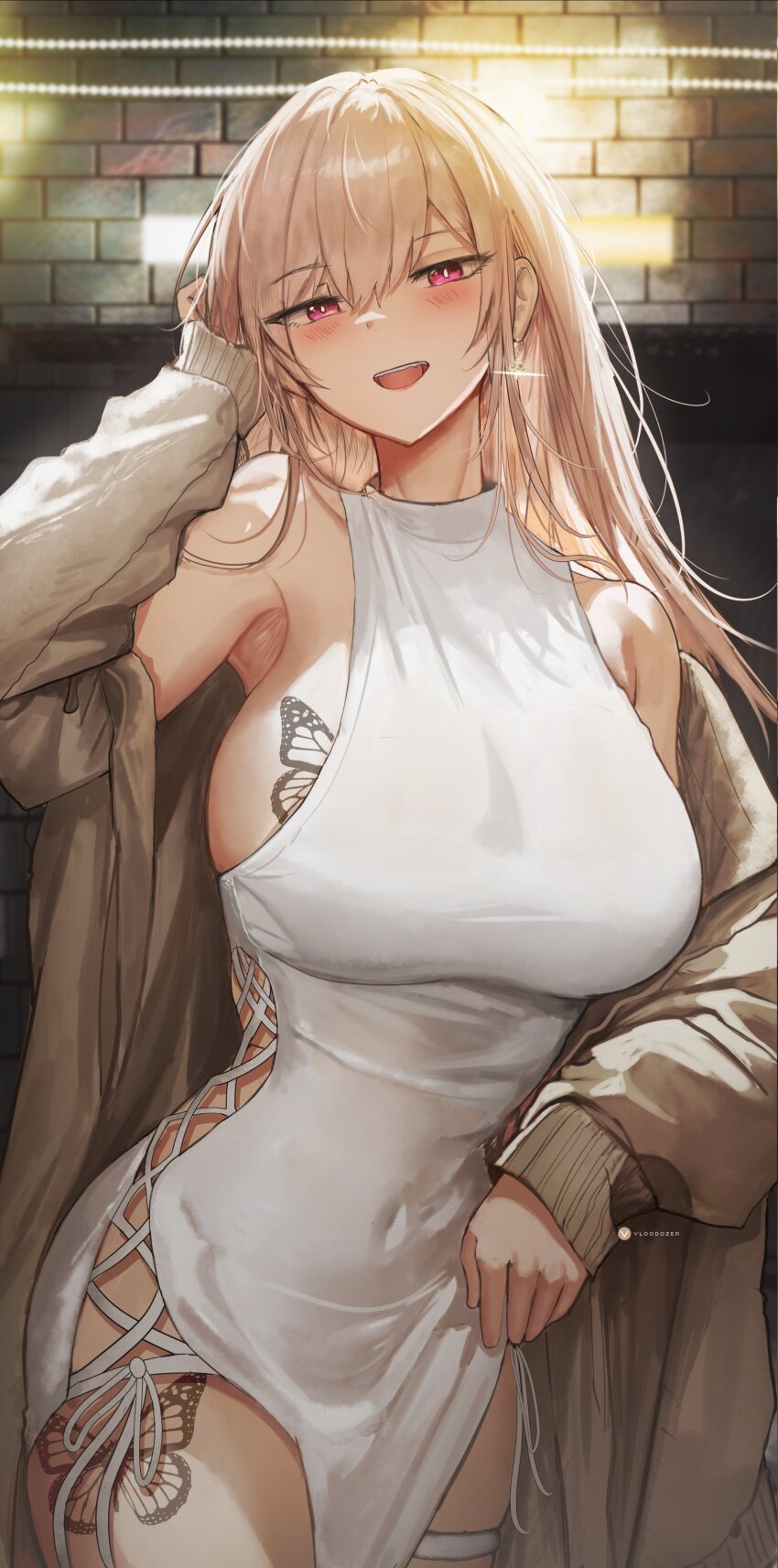 1girl, absurdres, armpits, artist_logo, blonde_hair, blush, breast_tattoo, breasts