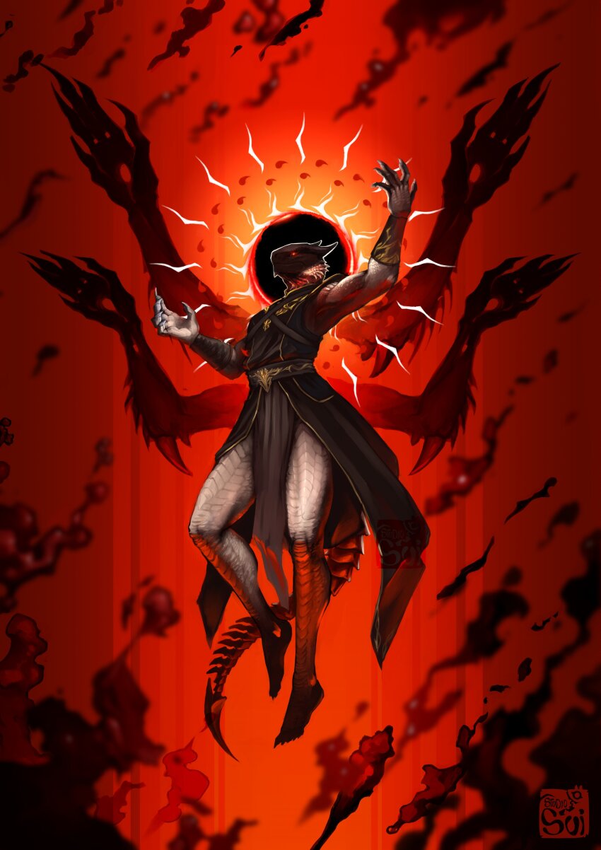 1boy, absurdres, arm_up, artist_name, baldur's_gate, baldur's_gate_3, barefoot, black_robe, bracer, chest_harness, claws, dragon_boy, dragon_tail, extra_arms, fingernails, floating, from_side, full_body, furry, furry_male, glowing, glowing_eye, halo, halo_behind_head, harness, highres, male_focus, red_background, red_eyes, red_theme, robe, scales, sharp_fingernails, slayer_(baldur's_gate), solo, suiamena, tail, the_dark_urge_(baldur's_gate)