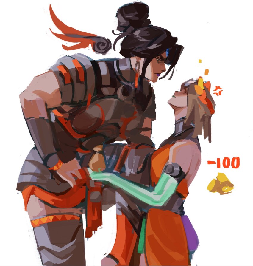 2girls, ancient_greek_clothes, armor, asymmetrical_arms, bone, dress, glowing_arm, greco-roman_clothes, green_lips, hades_(series), hades_2, highres, laurel_crown, melinoe_(hades), mismatched_sclera, multiple_girls, muscular, muscular_female, nemesis_(hades), orange_dress, see-through_body, skeletal_arm, tatsumiboobs69