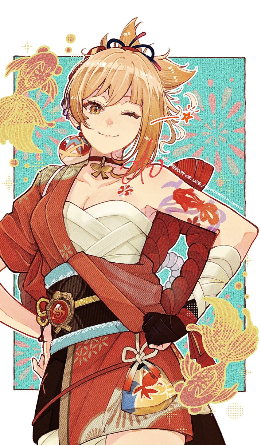 1girl, ;), absurdres, arm_tattoo, bandages, black_sash, blonde_hair, breasts