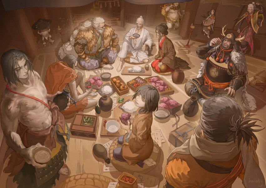 alcohol, armor, ashina_genichirou, ashina_isshin, brown_kimono, coat, divine_child_of_rejuvenation, emma_the_gentle_blade, food, grey_scarf, hair_bun, hakama, hakama_pants, haori, helmet, highres, japanese_armor, japanese_clothes, kabuto_(helmet), katana, kimono, kotaro_(sekiro), kuro_the_divine_heir, kwiaty_k, mechanical_arms, ninja, orange_coat, pants, pleated_pants, prosthesis, prosthetic_arm, sake, samurai, scarf, sculptor_(sekiro), sekiro, sekiro:_shadows_die_twice, single_hair_bun, single_mechanical_arm, sword, topknot, torn_clothes, torn_coat, weapon