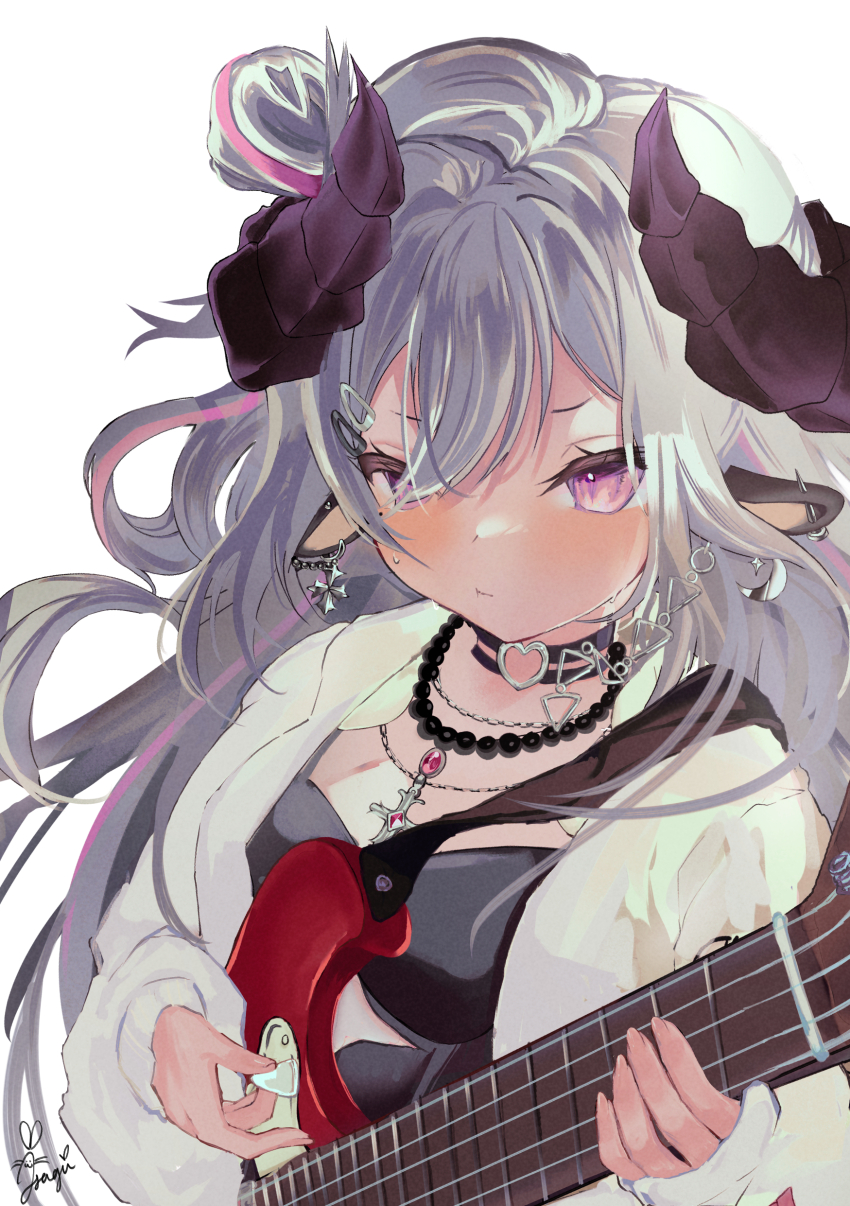 1girl, absurdres, animal_ear_piercing, animal_ears, bead_necklace, beads, black_choker, black_dress