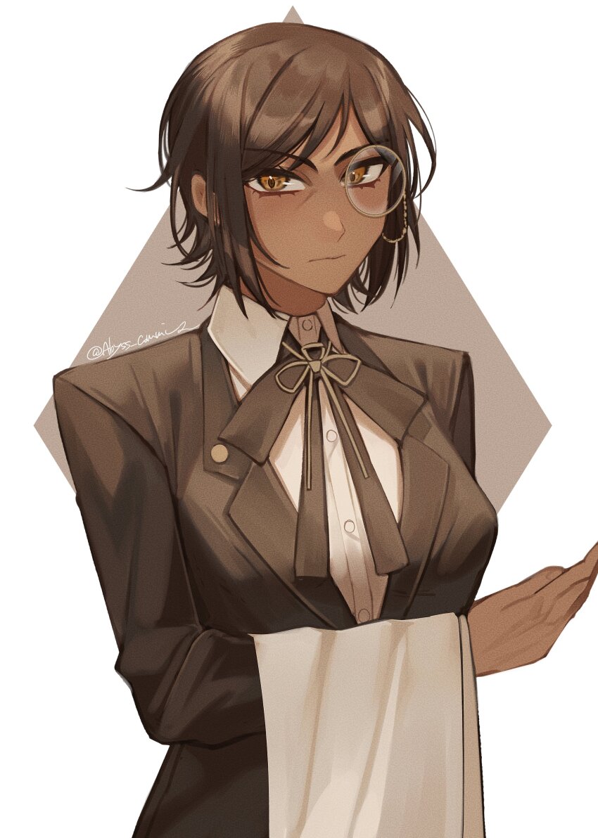 1girl, absurdres, black_bow, black_bowtie, black_jacket, bow, bowtie, brown_eyes