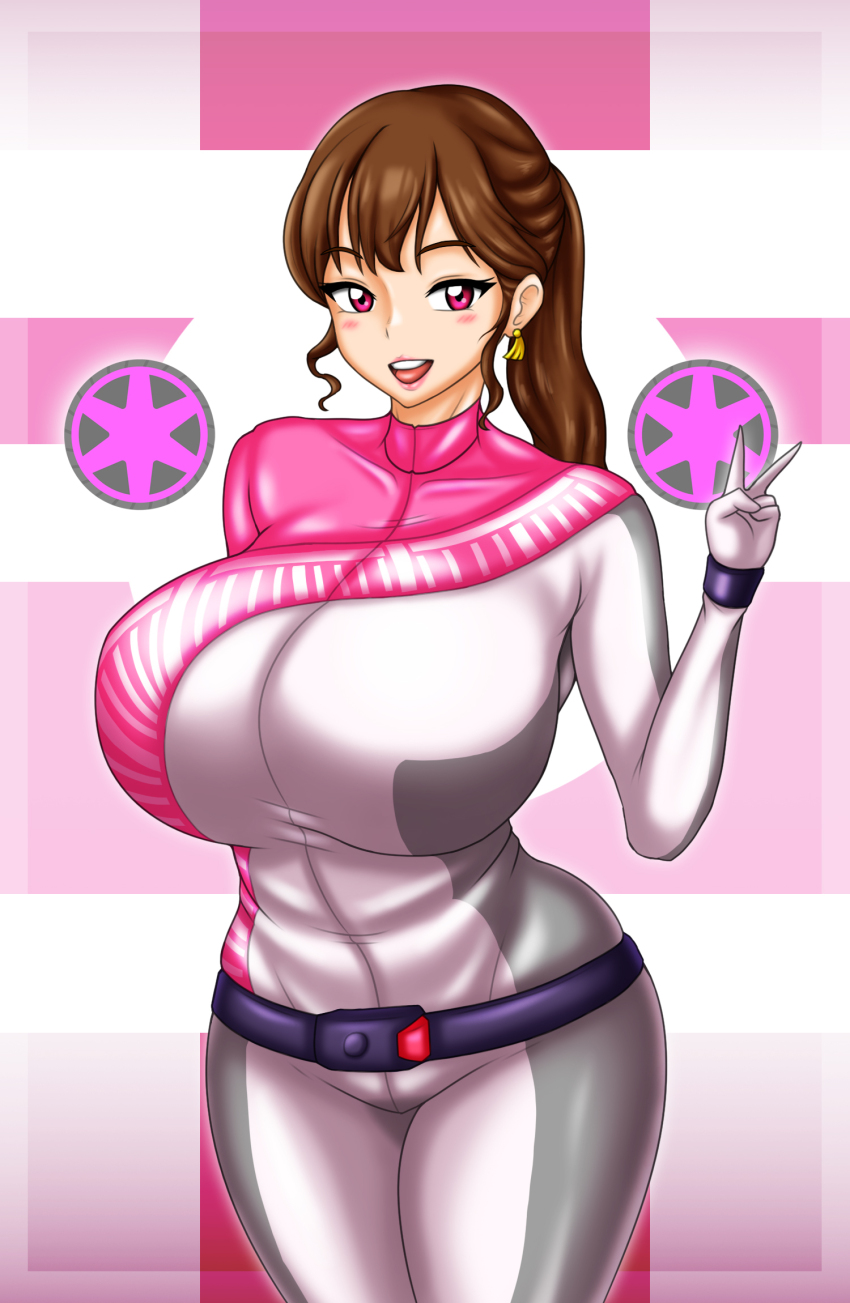 1girl, bakuage_sentai_boonboomger, bodysuit, breasts, brown_hair, highres, large_breasts, missing_headwear, pin_up, pink_eyes, shifuto_mira, super_sentai, treezero