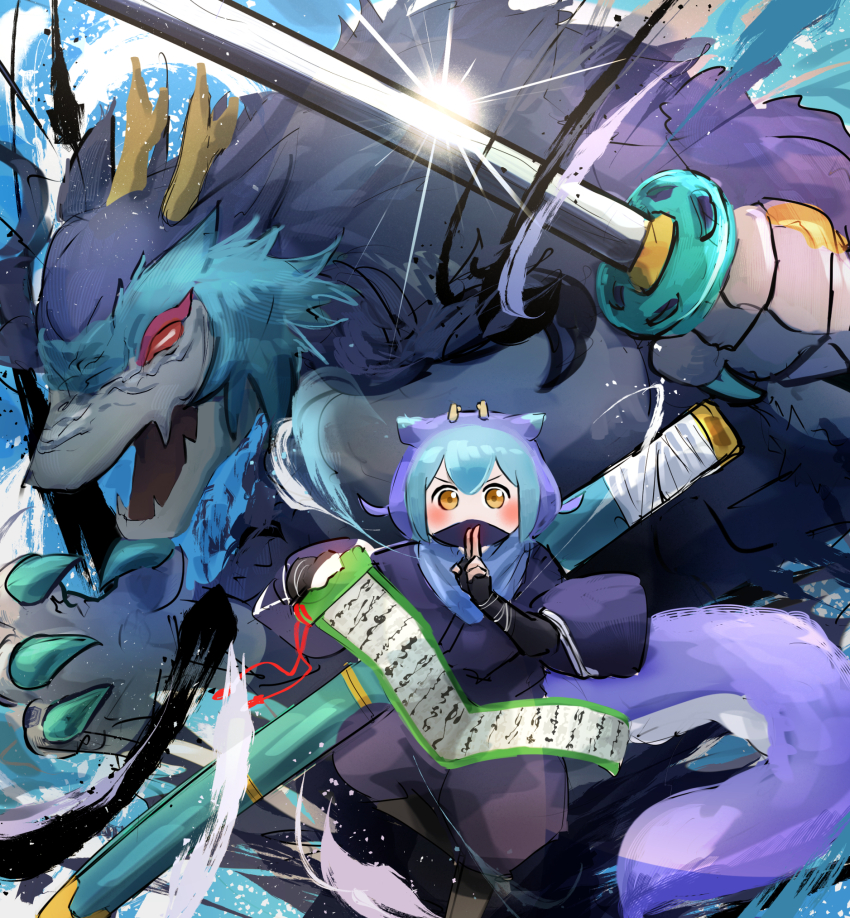 1girl, baku_the_beast_ninja, blue_hair, blush_stickers, dragon, dragon_girl, dragon_horns, dragon_tail, dragonmaid_nudyarl, duel_monster, hatano_kiyoshi, highres, holding, holding_sword, holding_weapon, horns, kuji-in, laundry_dragonmaid, mask, mouth_mask, ninja, ninja_mask, ninjatou, scroll, sheath, short_hair, short_sword, solo, sword, tail, weapon, yellow_eyes, yu-gi-oh!