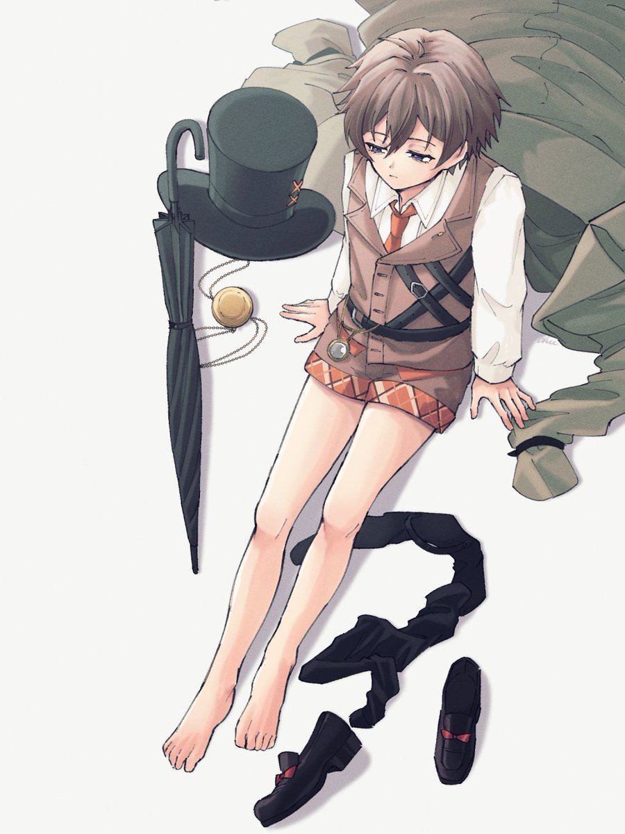 1boy, arm_support, bare_legs, barefoot, black_hat, black_shoes, black_thighhighs, black_umbrella