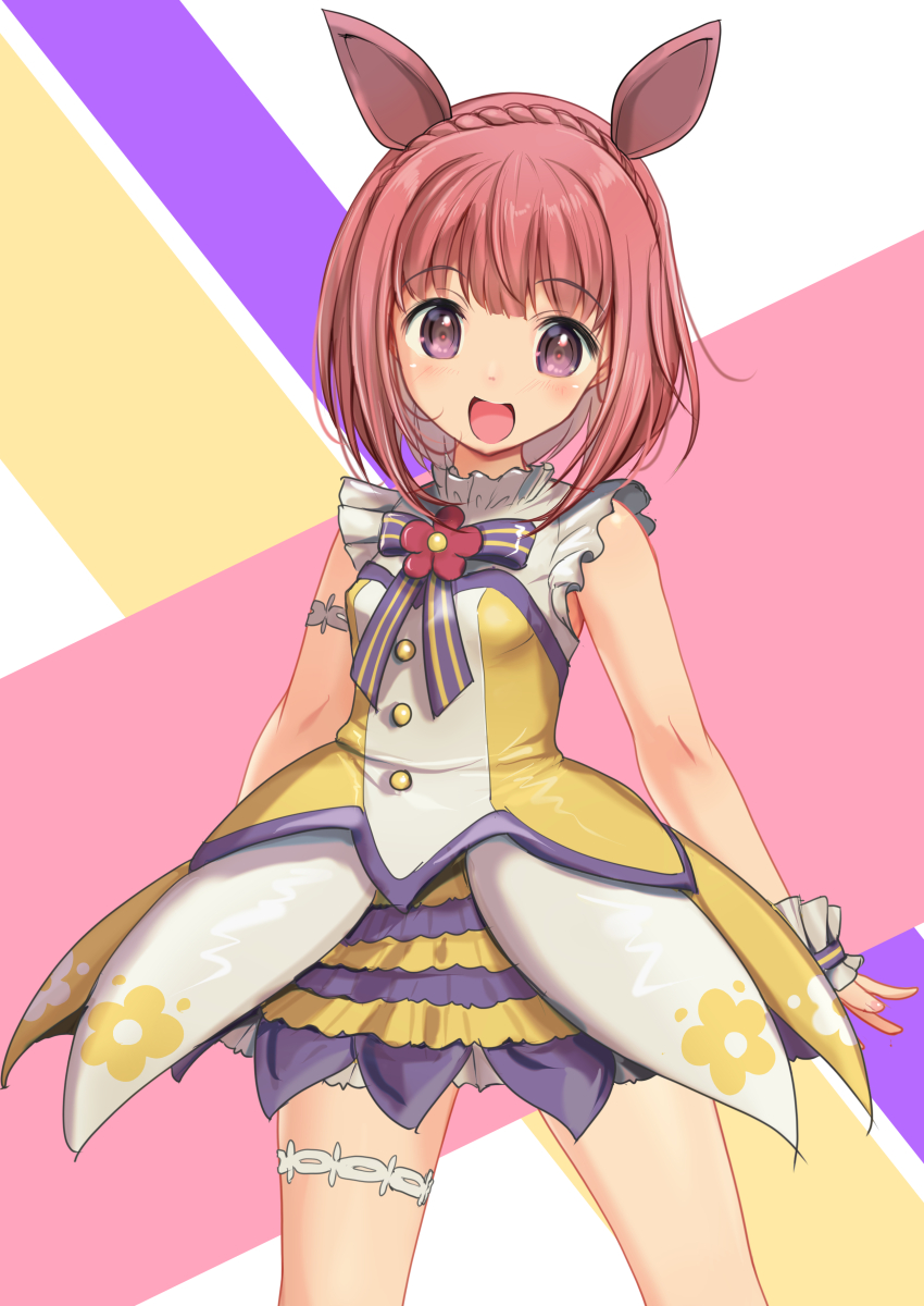 1girl, absurdres, aikawa_aika, alice_gear_aegis, animal_ears, braid, commentary_request, cosplay, crown_braid, dress, fake_animal_ears, full_body, highres, horse_ears, looking_at_viewer, nishino_flower_(tiered_petal)_(umamusume), nishino_flower_(umamusume), nishino_flower_(umamusume)_(cosplay), open_mouth, purple_eyes, red_hair, ribbon, round_teeth, short_hair, smile, solo, standing, striped_ribbon, teeth, umamusume, upper_teeth_only, yashin_(yasinz), yellow_dress