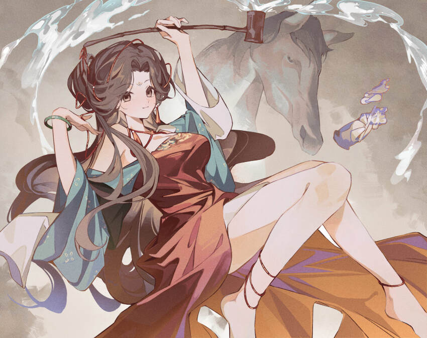 1girl, alcohol, bare_legs, barefoot, black_eyes, black_hair, bracelet, breasts, brown_background, chinese_clothes, dipper, dress, facial_mark, feet_out_of_frame, floating_hair, forehead_mark, green_sleeves, hands_up, hanfu, highres, holding, holding_spoon, horse, jade_(gemstone), jewelry, jiu_niangzi, liquor, long_dress, long_hair, looking_at_viewer, lying, medium_breasts, off_shoulder, on_back, quanx70909457, red_dress, reverse:1999, smile, solo, spilling, spoon, statuette, wide_sleeves