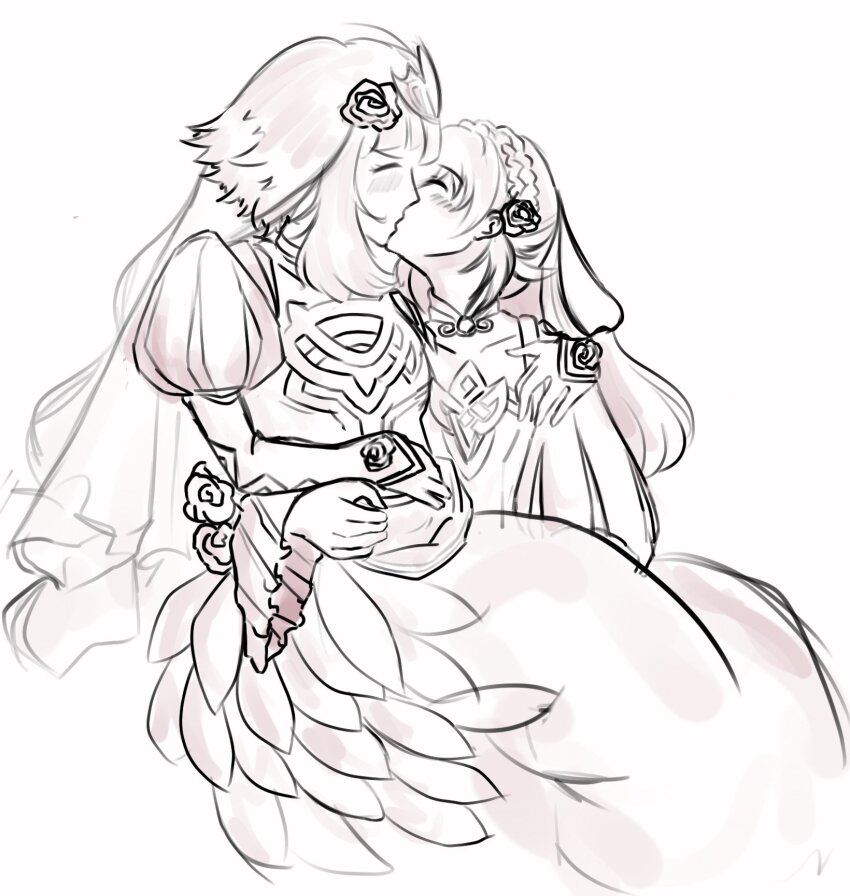 2girls, braid, bridal_gauntlets, bridal_veil, carrying, closed_eyes, collar, crown_braid