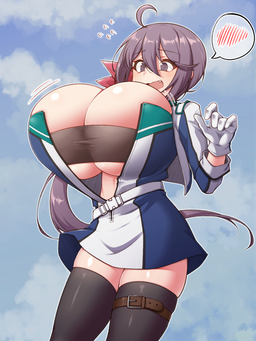 1girl, ahoge, akebono_(kancolle), akebono_(race_queen)_(kancolle), alternate_breast_size_(larger), bandeau, black_thighhighs, blue_dress