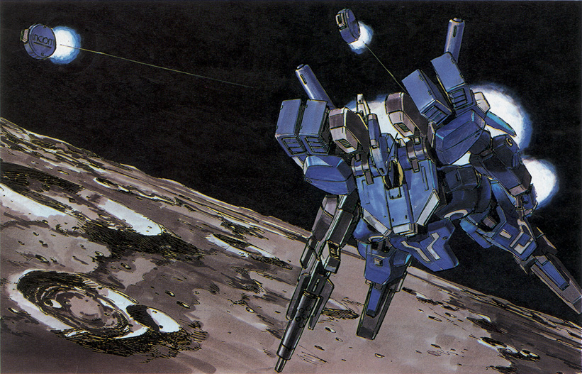 1980s_(style), artist_request, beam_rifle, cable, crater, energy_gun, gundam, gundam_mk_v