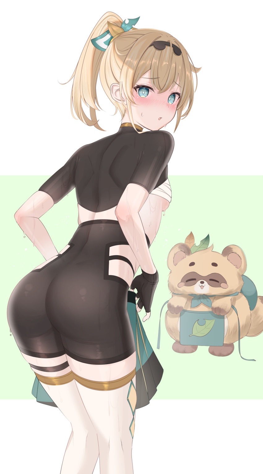 1girl, aqua_eyes, ass, bike_shorts, black_gloves, blonde_hair, blush, breasts