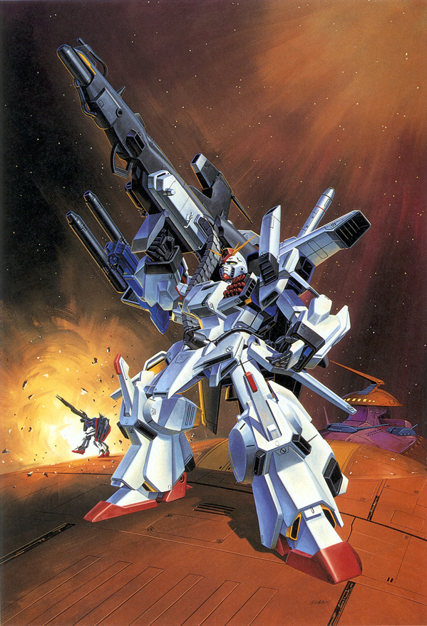 1980s_(style), artist_request, battle, beam_cannon, beam_rifle, energy_gun, explosion, full_armor_zz_gundam