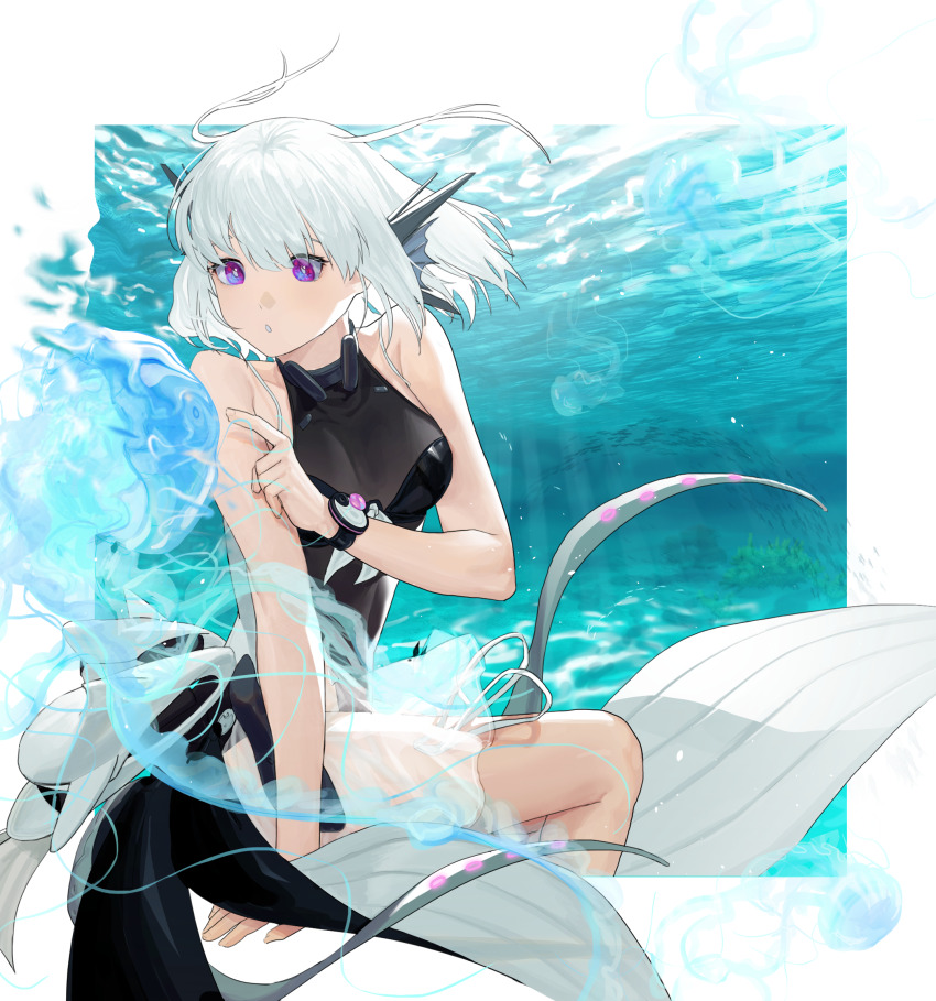 1girl, bare_arms, bare_shoulders, black_one-piece_swimsuit, breasts, fins, head_fins, highres
