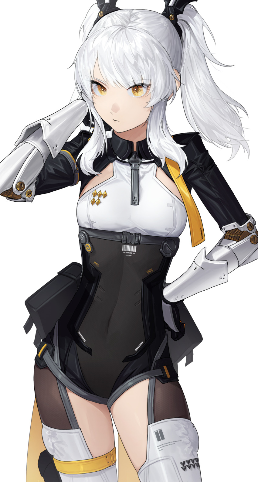 1girl, absurdres, black_bodysuit, bodysuit, covered_navel, grey_hair, grey_thighhighs, hand_on_own_face, hand_on_own_hip, headgear, highres, joints, karenina:_scire_(pgr), karenina_(pgr), long_hair, looking_at_viewer, mechanical_arms, multicolored_bodysuit, orange_eyes, punishing:_gray_raven, robot_joints, shrimpun, sidelocks, solo, thighhighs, twintails, two-tone_bodysuit, white_background, white_bodysuit