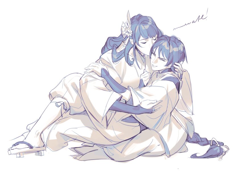 1boy, 1girl, absurdres, aina_(mayexplode), alternate_costume, braid, closed_eyes, full_body