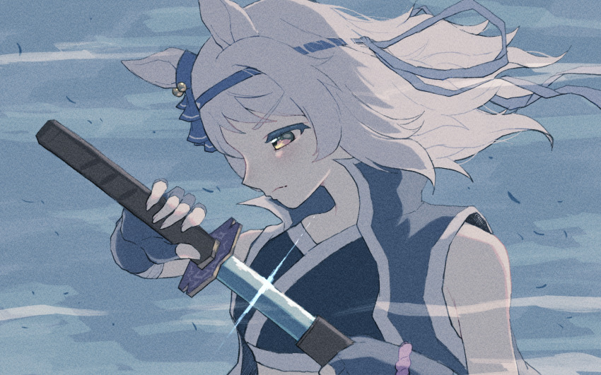 1girl, animal_ears, bare_shoulders, blue_gloves, blue_jacket, blue_shirt, closed_mouth, crop_top